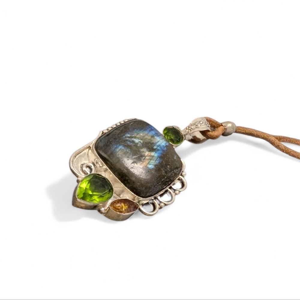 VINTAGE Pendant Necklace Labradorite Peridot 36" 925 Sterling Silver Leather - Picture 4 of 14